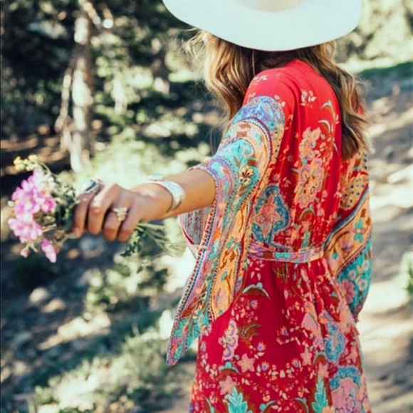 Boho Floral Gypsy Print Maxi Kimono Dress Red - Picture 3 of 11